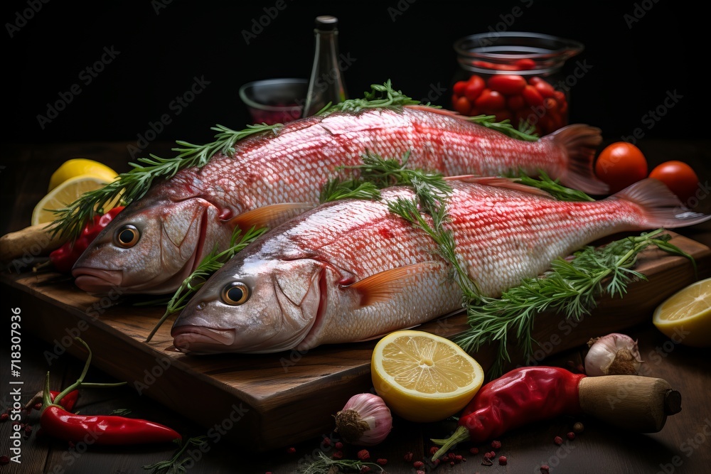 raw fish on a board with vegetables herbs and spices raw fish on a board with vegetables herbs and spices