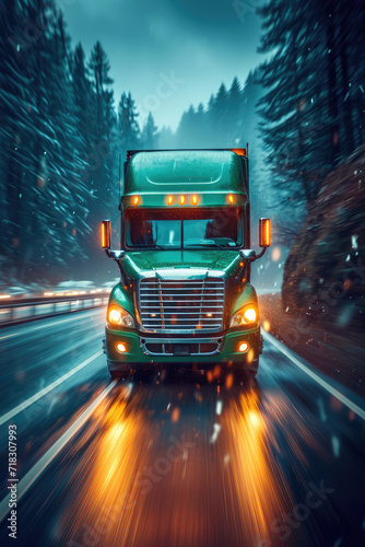 Semi Truck on Highway in Winter