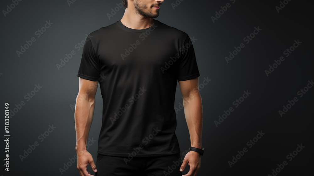 T-shirt mockup. Black blank t-shirt front view. male clothes wearing clear attractive apparel tshirt models template T-shirt mockup. Black blank t-shirt front view. male clothes wearing clear attractive apparel tshirt models template
