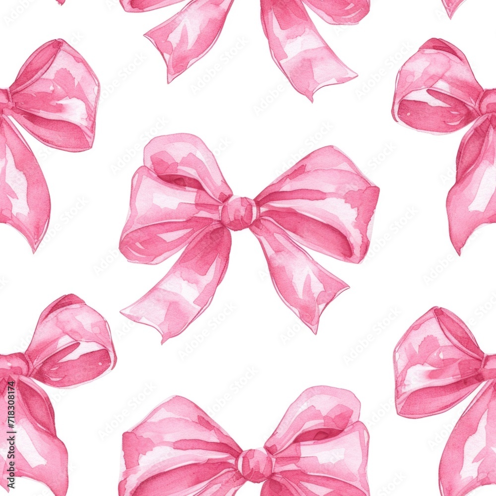 Watercolor pink bow tied in a hand tied, mussed, seamless pattern