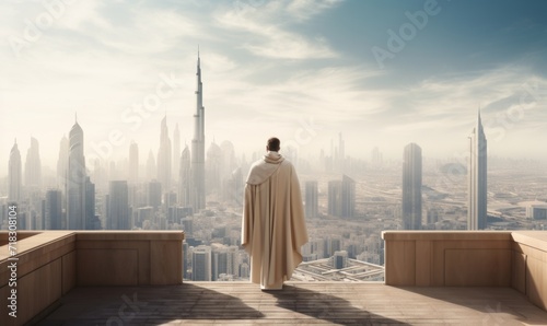 Silhouette of a muslim man in a white robe with a hood looking at the city.
