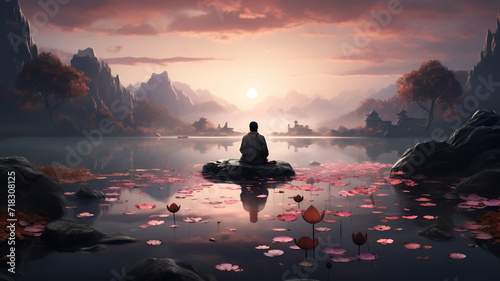 peaceful meditation scene with a person sitting in a lotus position, surrounded by calming nature elements like flowers and flowing water