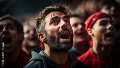 Young adults screaming in excitement at sports event generated by AI