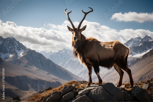 Front-Facing Majestic Markhor. A Spiral-Horned Beauty in Close-Up. Powerful Markhor Stands Tall on Rocky Terrain, Untamed Spirit 