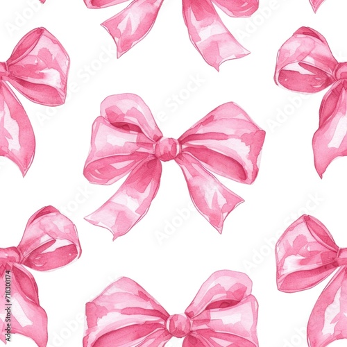 Watercolor pink bow tied in a hand tied, mussed, seamless pattern photo