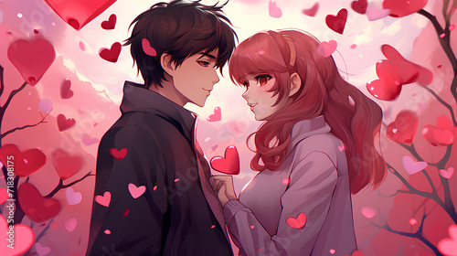 An anime couple in love a background of red and pink hearts. Valentine's Day concept.