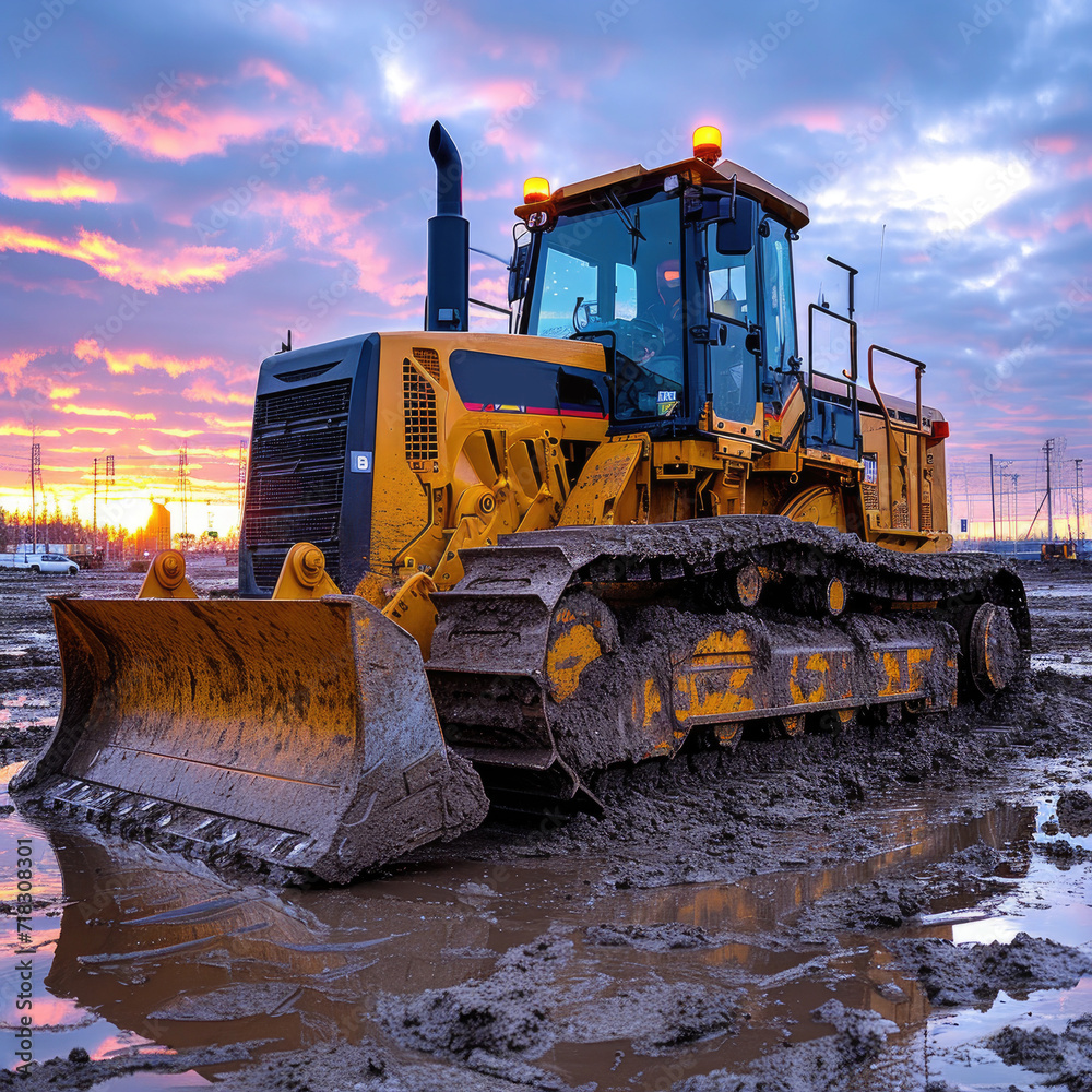 Bulldozer machine on a dirt terrain at sunset Bulldozer machine on a dirt terrain at sunset