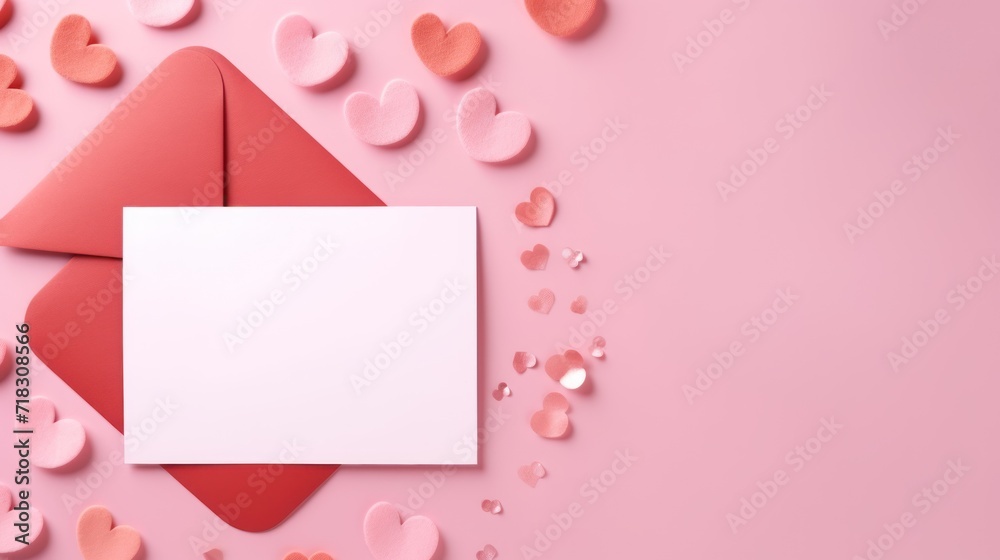 an envelope with a blank card surrounded by hearts on a pink background with confetti in the shape of hearts.