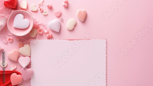  a pink background with hearts and a paper with a place for a text on the left side of the image. © Anna