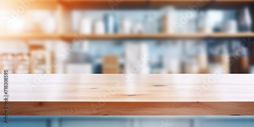 Blurred shelf backdrop with kitchen table top.