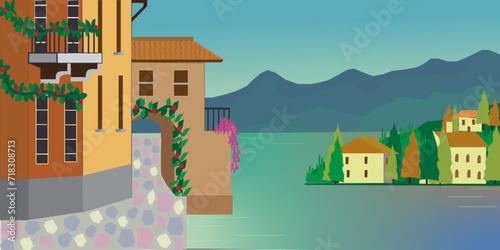 house in the mountains, town in the morning, vintage buildings, calmness of river.