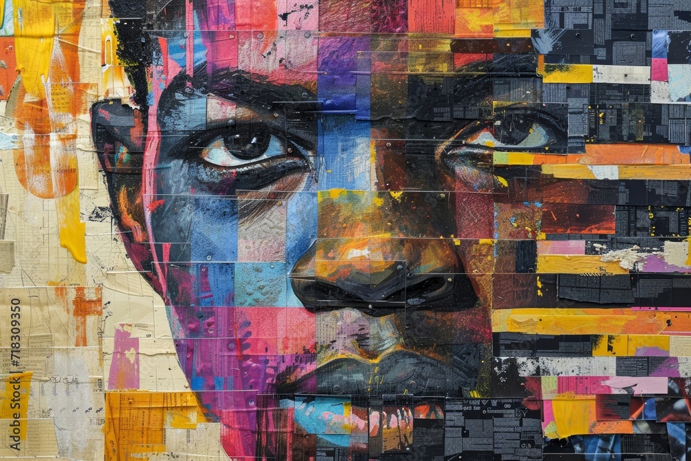 A striking street art mural showcasing a man's face in bold, modern strokes of acrylic paint, evoking a sense of raw emotion and the power of visual expression A striking street art mural showcasing a man's face in bold, modern strokes of acrylic paint, evoking a sense of raw emotion and the power of visual expression