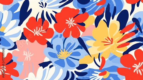  a blue, yellow, red and pink flower pattern on a white background with blue, red, yellow, and pink flowers. © Anna