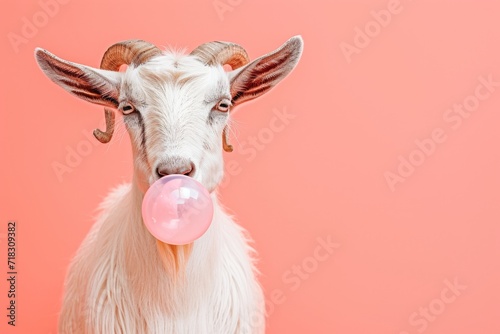 Goat blowing bubble gum. AI generative art