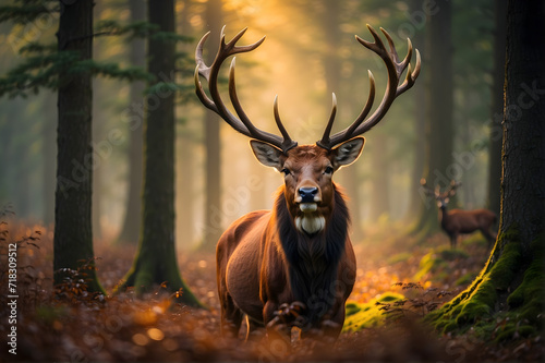 deer in the forest, deer in the woods looking at the camera. close-up portrait. front facing. beautiful reindeer.. Deer in spring, summer season. © hamza.m.hocane