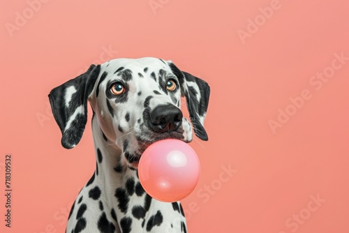 Dalmatian dog blowing bubble gum. AI generative art