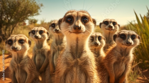 "A group of curious meerkats standing upright and surveying their surroundings © Pixlab11