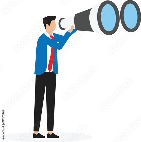 Looking for opportunity business vision and direction of success or finding new employees career future invention or research, businessman looking through telescope or binoculars.
