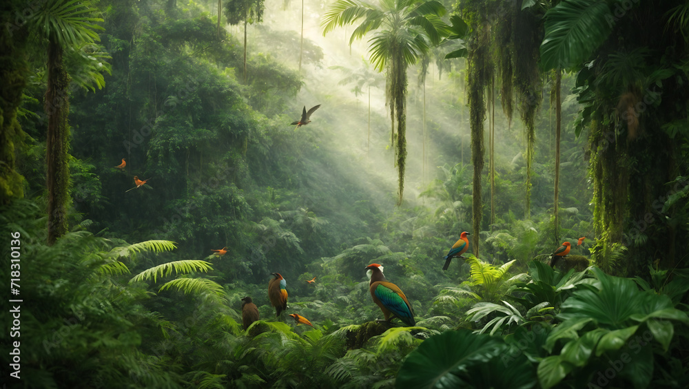Światło w Tropikalnym Lesie: Ptaki w promieniach słońca - obrazy, fototapety, plakaty 