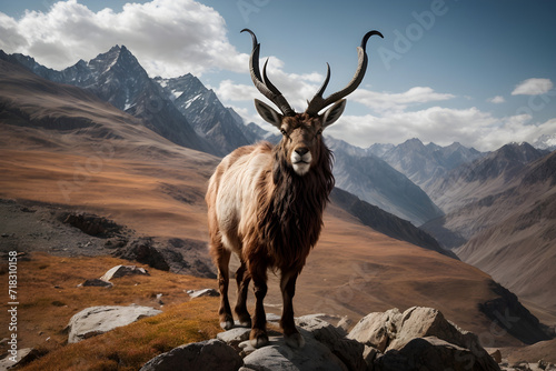 Front-Facing Majestic Markhor. A Spiral-Horned Beauty in Close-Up. Powerful Markhor Stands Tall on Rocky Terrain, Untamed Spirit 