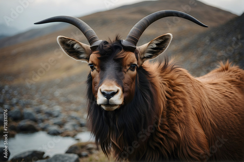 Front-Facing Majestic Markhor. A Spiral-Horned Beauty in Close-Up. Powerful Markhor Stands Tall on Rocky Terrain, Untamed Spirit 