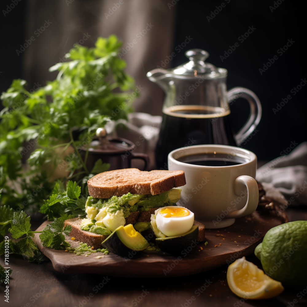 Cozy morning, coffee and healthy breakfast with boiled egg, avocado, toast
Cozy morning, coffee and healthy breakfast with boiled egg, avocado, toast