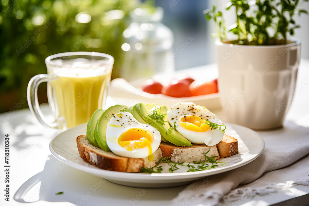 Cozy morning, coffee and healthy breakfast with boiled egg, avocado, toast
Cozy morning, coffee and healthy breakfast with boiled egg, avocado, toast