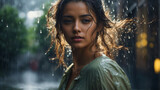 Portret kobiety otulonej przez deszcz