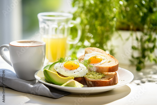 Cozy morning, coffee and healthy breakfast with boiled egg, avocado, toast 