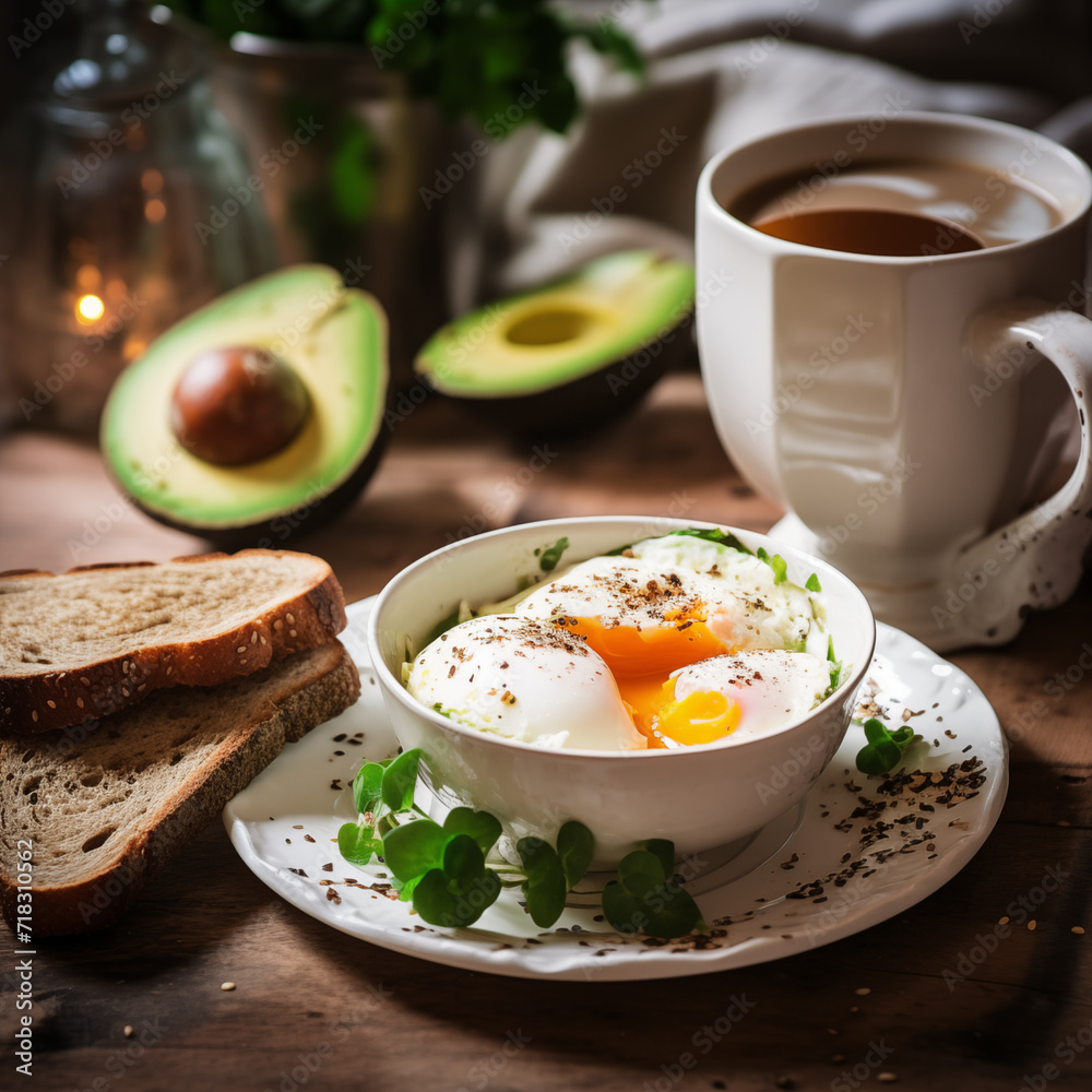 Cozy morning, coffee and healthy breakfast with boiled egg, avocado, toast
Cozy morning, coffee and healthy breakfast with boiled egg, avocado, toast