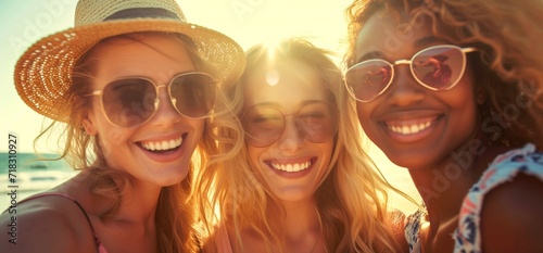 Stylish friends capture a joyful moment on their sun-kissed vacation, sporting trendy eyewear and summery hats
