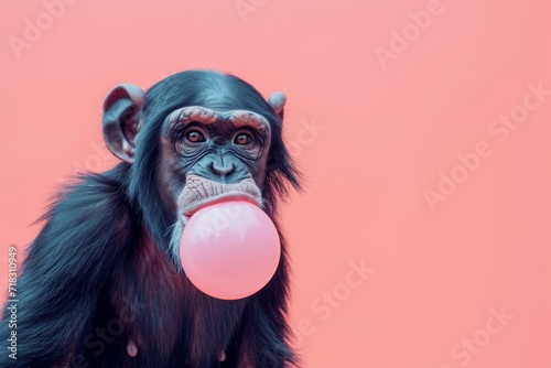 Monkey blowing bubble gum. AI generative art photo