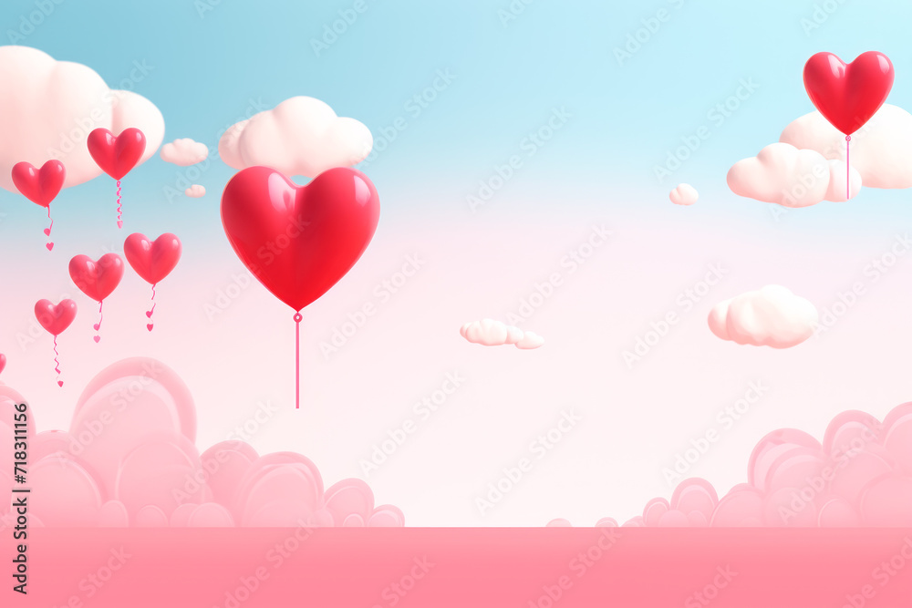 Poster or banner with clouds, hearts and balloons on pastel pink 3D background for st. Valentine day