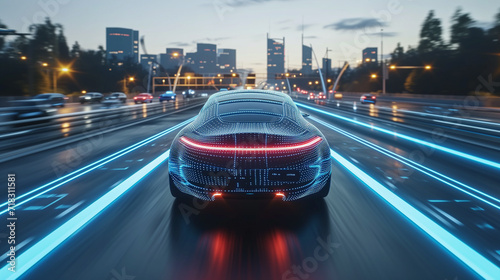 Car Following Futuristic 3D Concept Car. Autonomous Self Driving Van Moving Through City Highway. Visualized AI Sensors Scanning Road Ahead for Speed Limits, Vehicles, Pedestrians. Back View photo