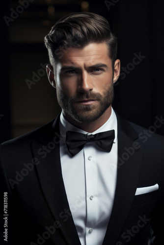 Smart formal, looking man in tuxedo with stubble, adjusting his bowtie