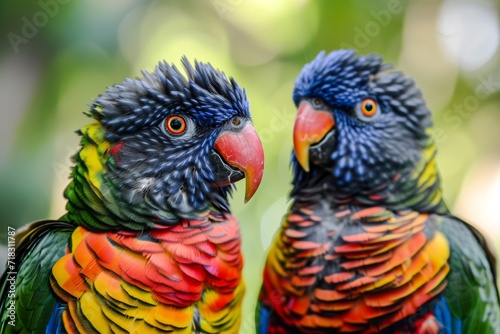 Vibrant plumage and lively personalities unite as a parrot and parakeet bask in the natural splendor of their outdoor habitat