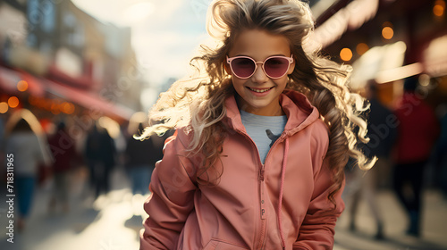 small stylish girl in a tracksuit dances against the background of the street