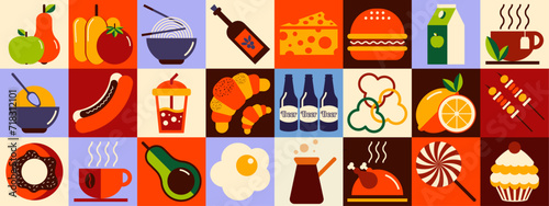 Set of 24 icons related to food and drinks. A little icon collection. Mosaic style.  Cafe illustration