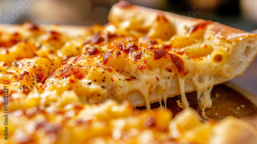 Delicious creamy Mac and Cheese pizza with bacon. Traditional American cuisine dish