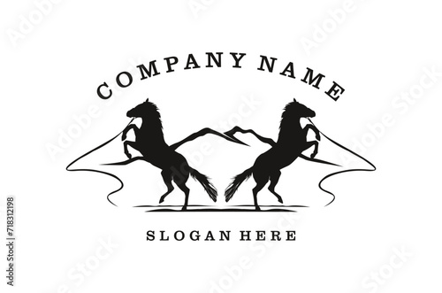 Horse silhouette behind wooden fence paddock for vintage retro rustic countryside western country farm ranch logo design