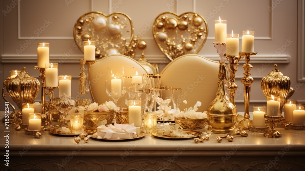 a table topped with lots of candles next to a table covered in plates and vases filled with white flowers. a table topped with lots of candles next to a table covered in plates and vases filled with white flowers.