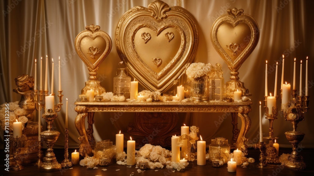  a table topped with lots of candles next to a wall with a heart shaped mirror and a bunch of vases filled with flowers.