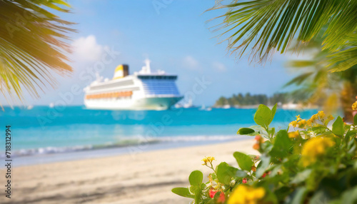 Cruise ship and palm tree on the beach in the tropics. Tropical island vacation concept