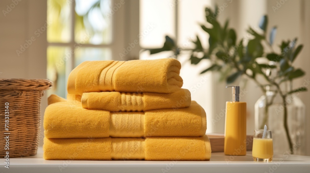  a stack of yellow towels sitting on top of a table next to a basket and a bottle of orange juice.
