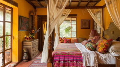 A Boho-chic bedroom with a canopy bed, layered textiles