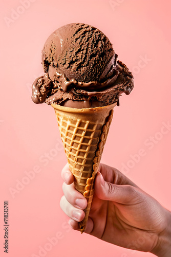 Female hand holding scoop of crave-worthy dark rich chocolate ice cream with velvety texture in waffle cone with melting dripping, chocolate sauce splashes on pink background