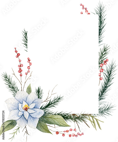 Watercolor Winter Frame Of Spruce, Berries and Flowers