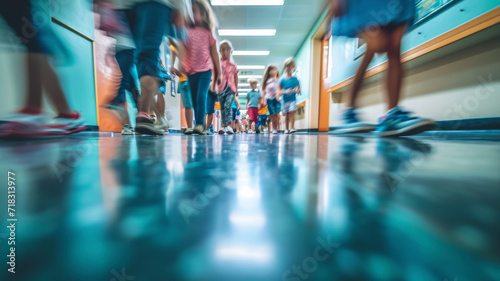 Floor eye view of a school corridor, full of blurred children