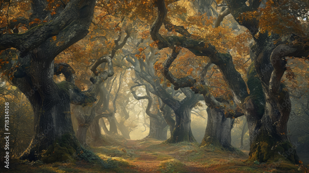 Naklejka premium Lush Forest, Abundance of Leafy Trees in