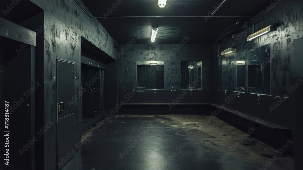 Transformative ambiance: Moody changing room under fluorescent lights captures urban allure. creating background for edgy designs and fashion concepts Transformative ambiance: Moody changing room under fluorescent lights captures urban allure. creating background for edgy designs and fashion concepts